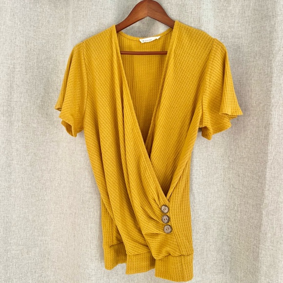 Mustard faux wrap waffle blouse with buttons - Picture 2 of 9
